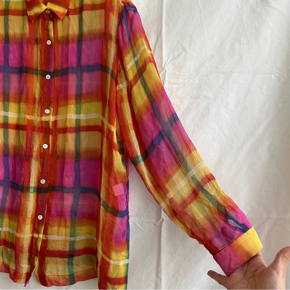 Go Silk button front shirt 100% silk, plaid, colorful size: M/L(see description) - Picture 2 of 10